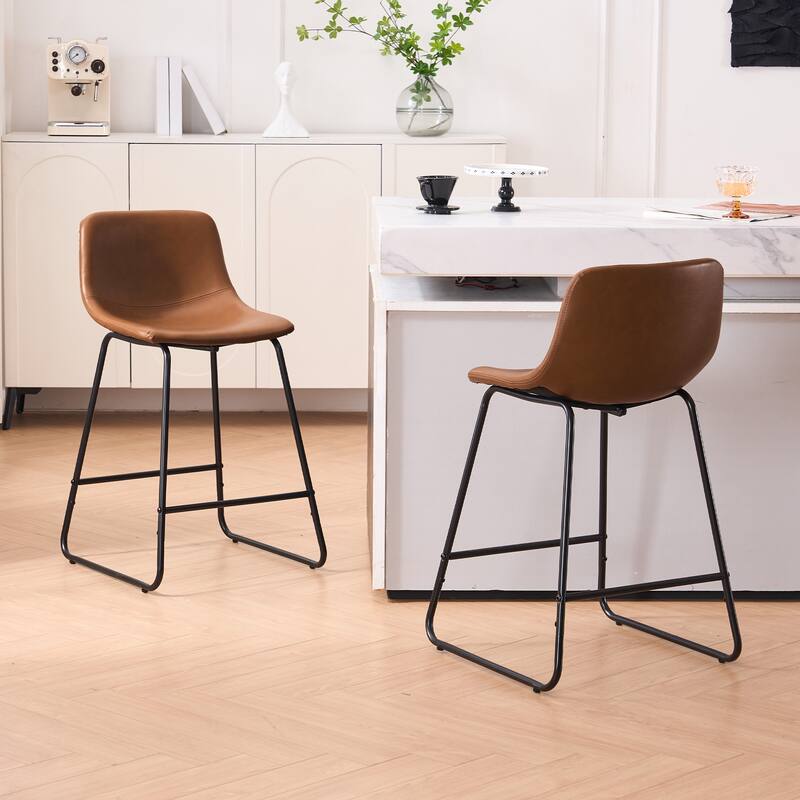 Bar Stools Set of 2, Faux Leather Counter Height Bar Stools with Back - Dark Brown - Bar Height