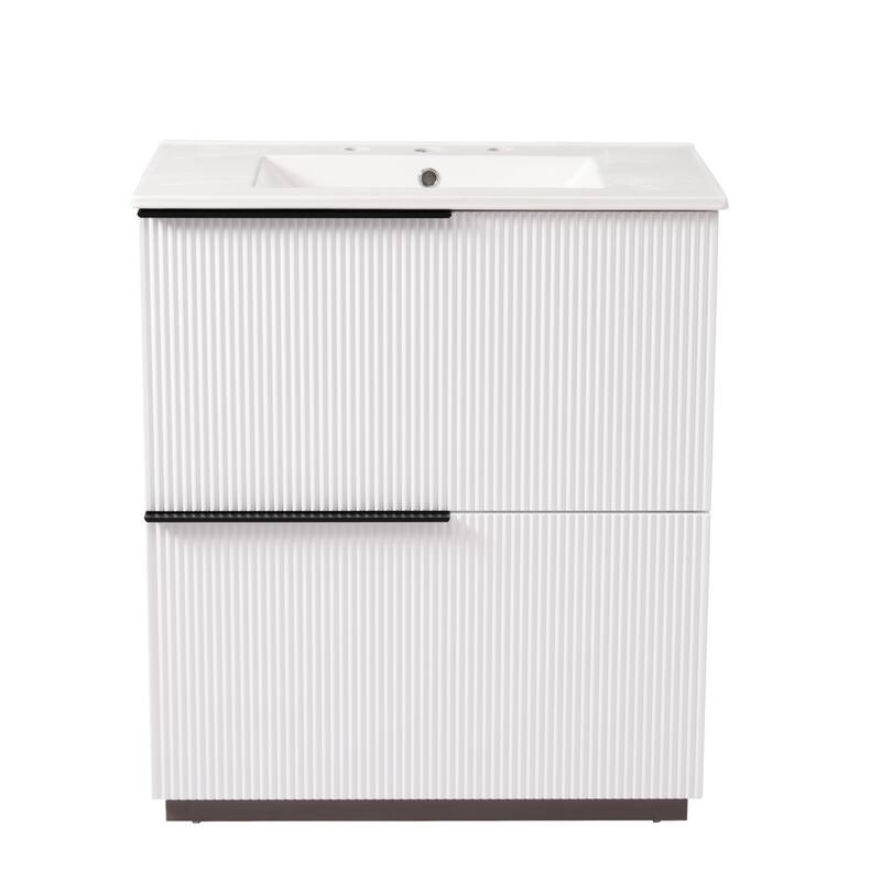 30" Bathroom Vanity with Ceramic Sink and Full-Extension Drawers, Soft Close Undermount Drawer Slides, Fluted Design, Natural
