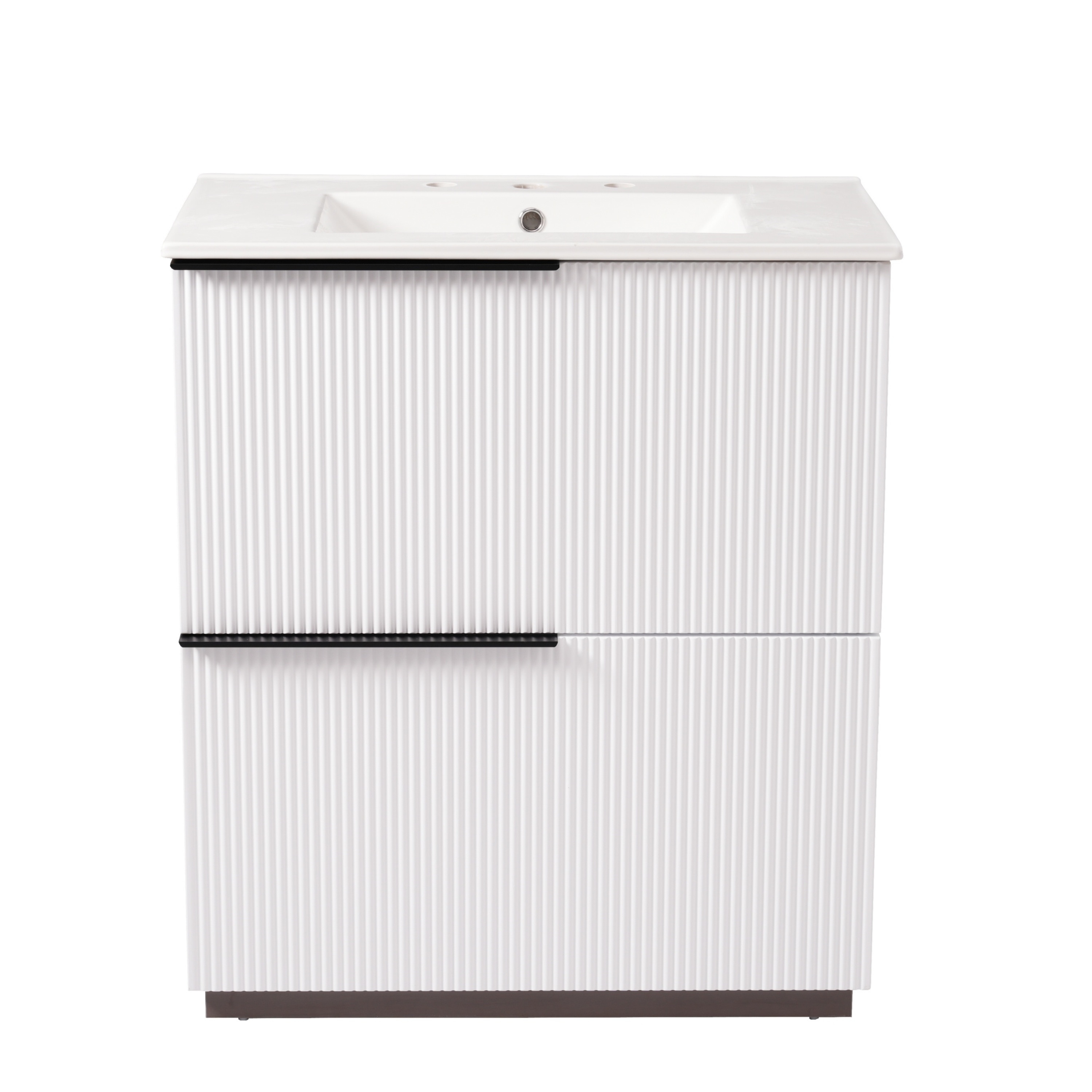 30" Freestanding Bathroom Sink Vanity Set with Ceramic Top and Full-Extension Drawers, Fluted Design