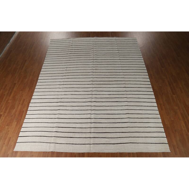 Hand Woven Oriental Cotton Carpet Modern All-Over Beige & Ivories Kilim Area Rug - 13' 3'' X 10' 1''