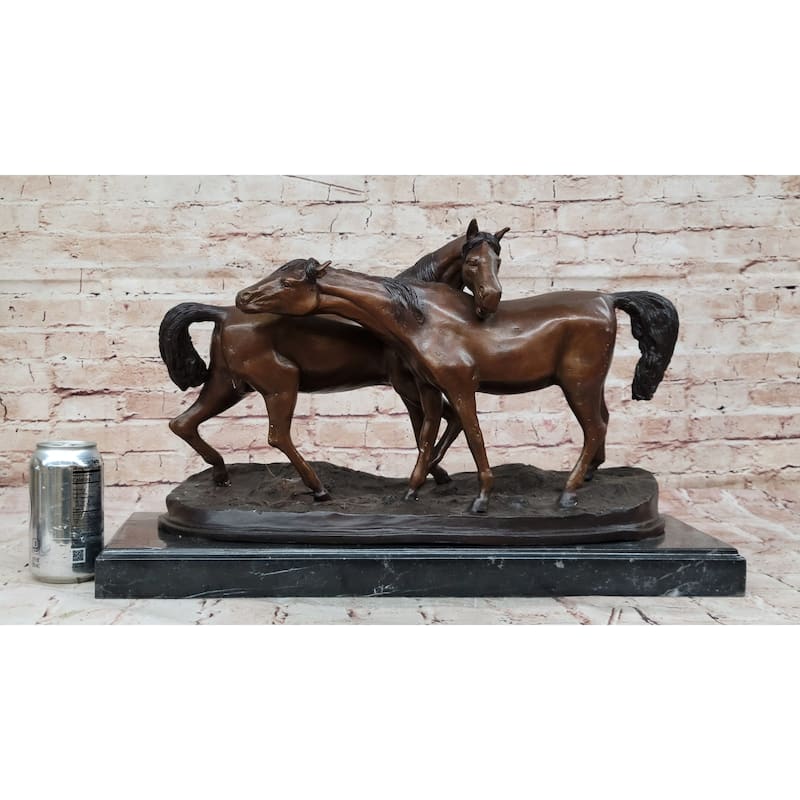 Bronze Horses Sculpture – Pair Of Grazing Stallions Statue On Marble Base