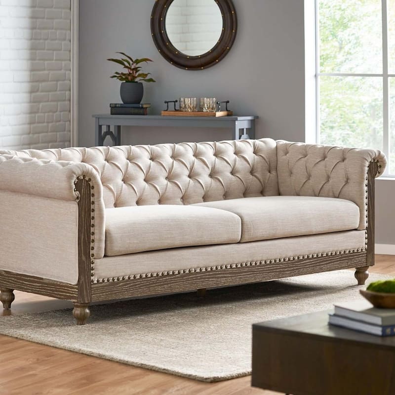 78.75" Retro Comfy 3-Seat Sofa with Rivet Detailing and Wooden Legs - Beige