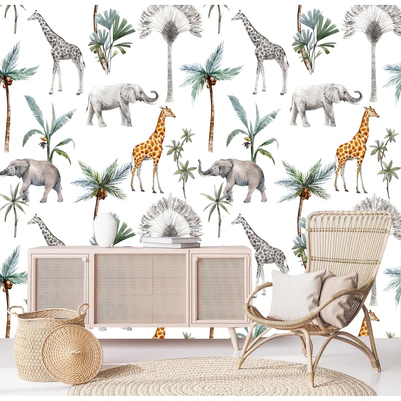 Safari Animals and Palms Removable Wallpaper - 24'' inch x 10'ft