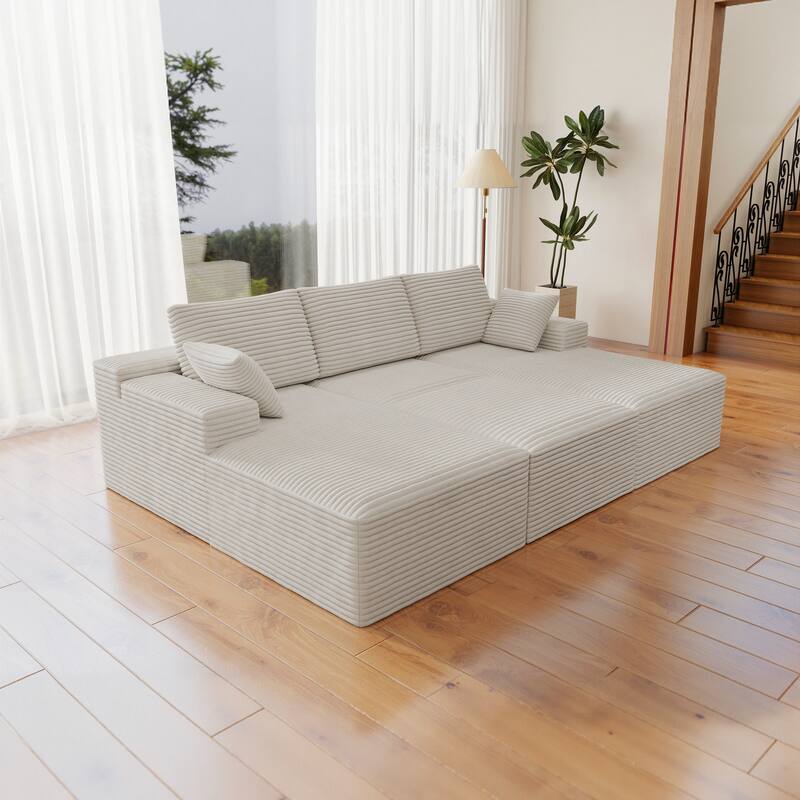 Roomfitters 98.4" Modular Sectional Sofa, 4-Piece Compressed Cloud Couch, No Assembly Required, Plush Corduroy, White - White