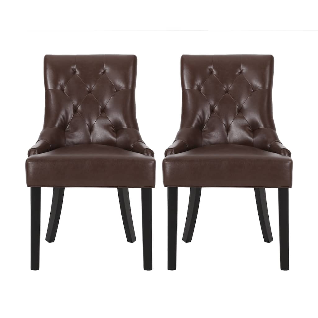 Chen Dining Chair Set of 2, Curved Brown Diamond Tufted Faux Leather