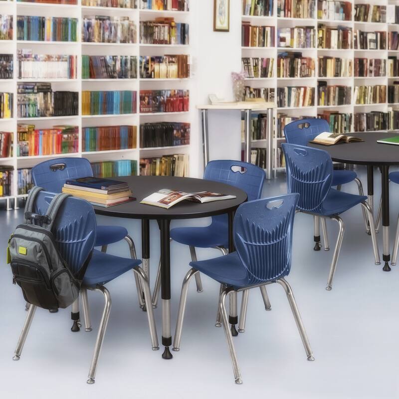 42 in. Round Height Adjustable Classroom Table - Grey & 4 18-in Stack Chairs- Navy Blue
