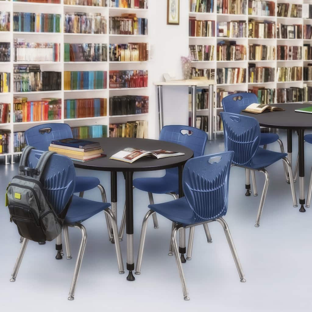 42 in. Round Height Adjustable Classroom Table - Grey & 4 18-in Stack Chairs- Navy Blue