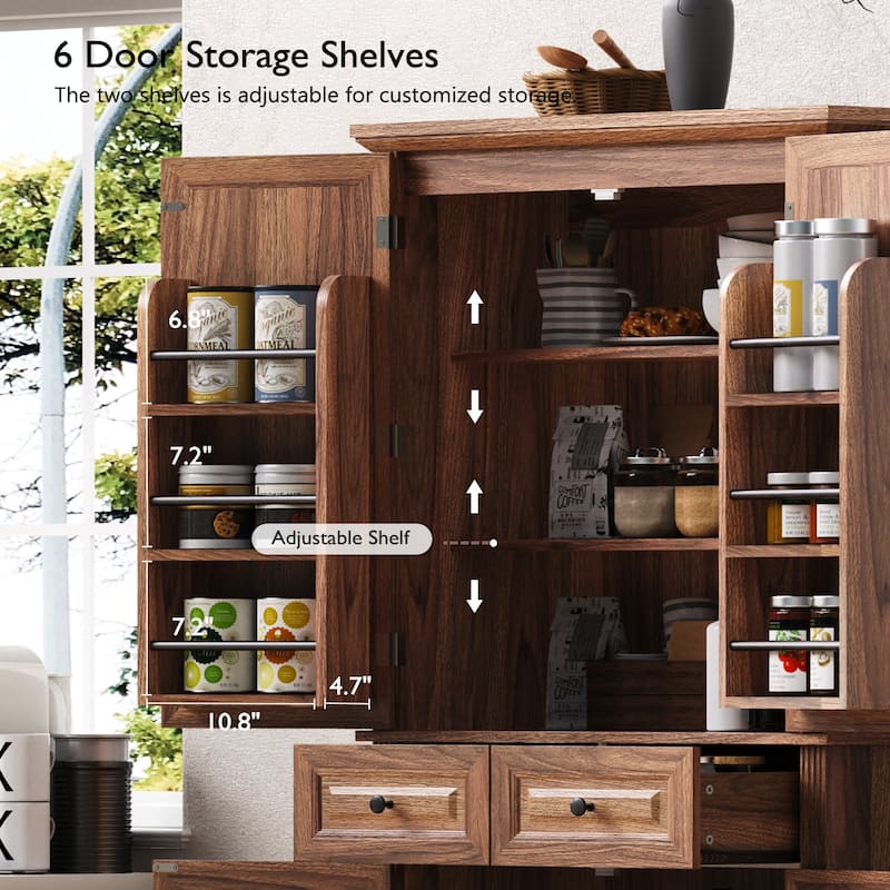 71"Tall Kitchen Pantry Cabinet with 3 Pull Out Cabinet Organizers,Cabinet with 6 Door Shelves,2 Drawers,Freestanding Cupboard