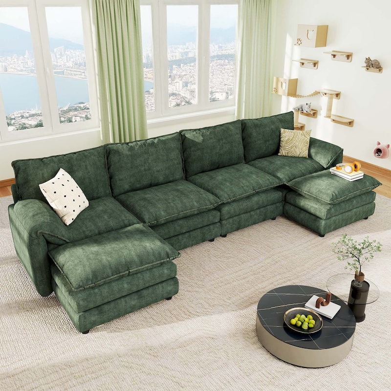 142 Inch Modular Velvet Sectional Sofa with Movable Ottoman Pillow Armrest and Deep Seats for Living Room Apartment or Office