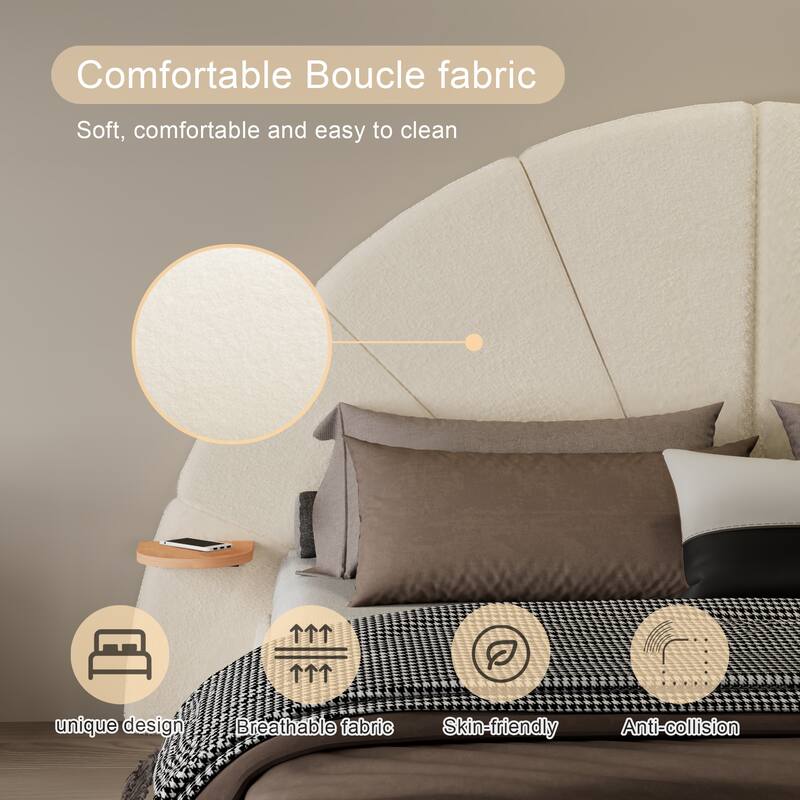 Queen Size Arched Boucle Bed with Side Table, Beige