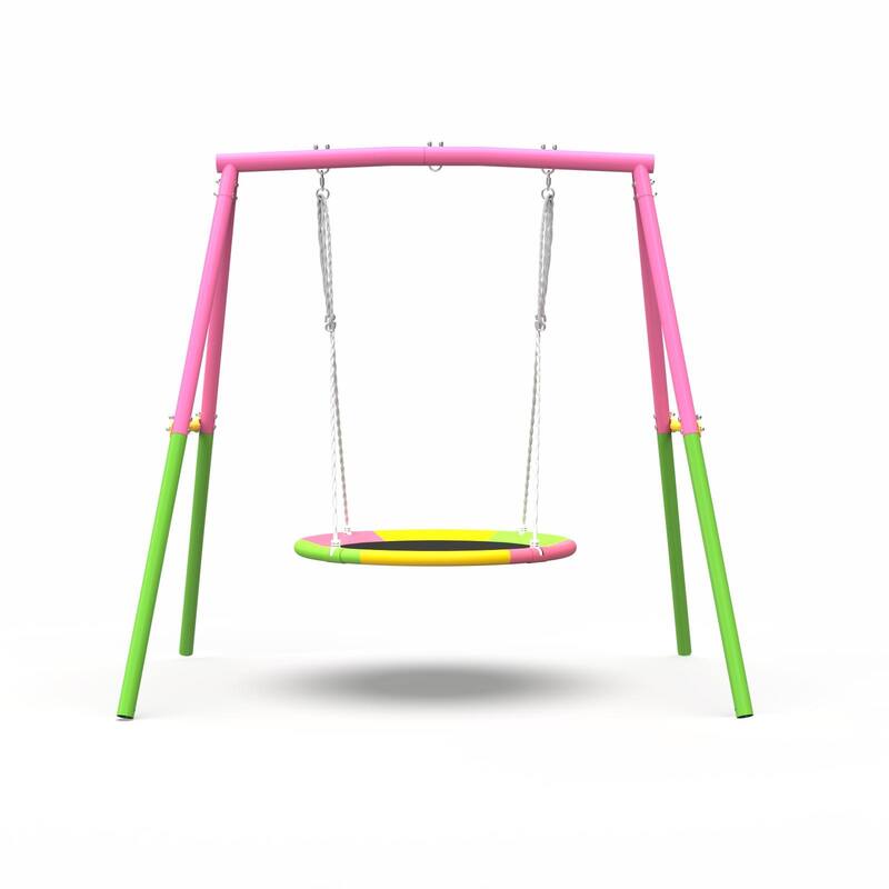 Flying Saucer Swing Set with Heavy Duty A-Frame Metal Swing Stand, Full Steel, Outdoor for Kids, Backyard, Playground - Pink