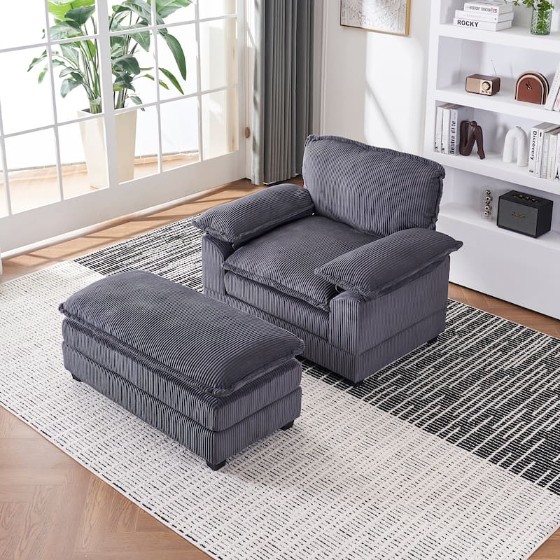 56.3 Inch Corduroy Single Deep Seat Sofa Chair With 2 Toss Pillows and a Ottoman