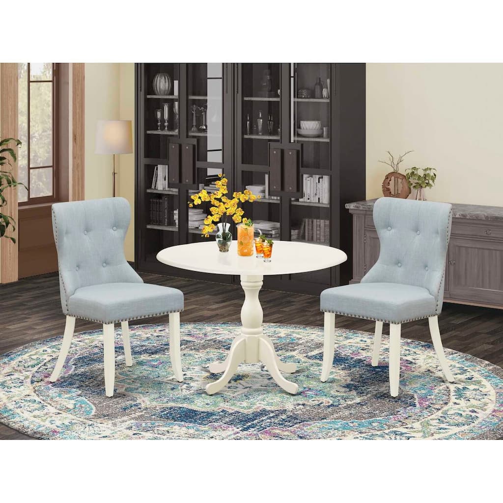 HomeStock 3-Piece Linen White Finish Solid Wood Top - Button Tufted Dining Room Set with Dropleaf - Seats 4