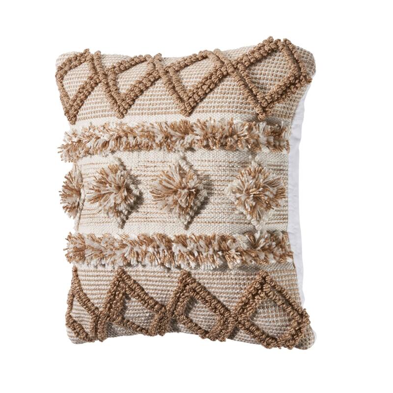 20" Beige and White Geometric Square Throw Pillow