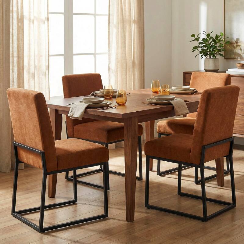 Mid Century Modern Dining Chair with Black Metal Legs - Set of 4 - Orange-unstriped