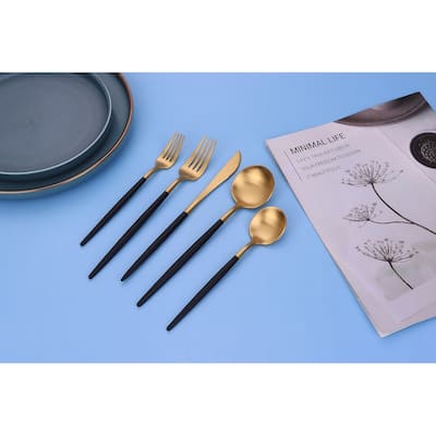 20 Pc Flatware Set Matte Gold With Black Handles - Service For 4