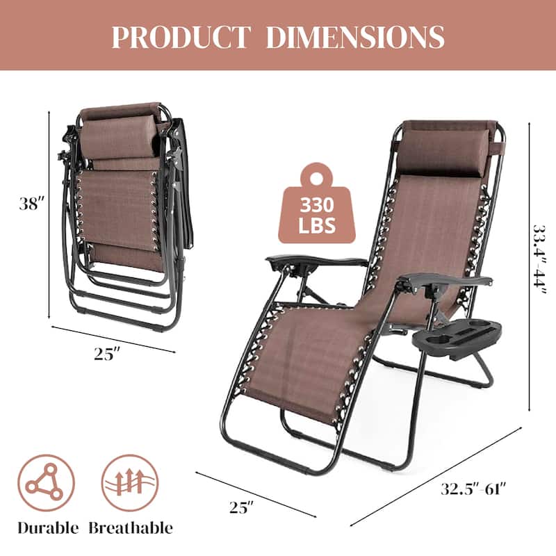 Set of 2 Zero Gravity Recliner Lounge Chairs with Cup Holders, Folding Patio Camping Beach Chairs for Outdoor Relaxation
