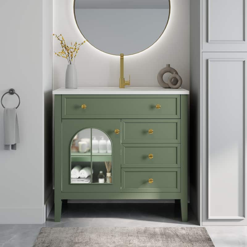 35.6-Inch Mid-Century Bathroom Vanity Sink with Patterned Glass & Motion-Sensor Light Strip, High-End Vanity Cabinet