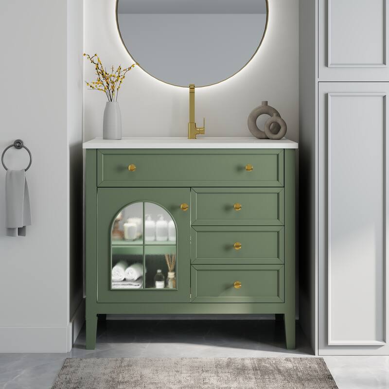 Freestanding 36" Bathroom Vanity Sink Cabinet with Motion-sensor Light Strip, Patterned Glass & Drawers