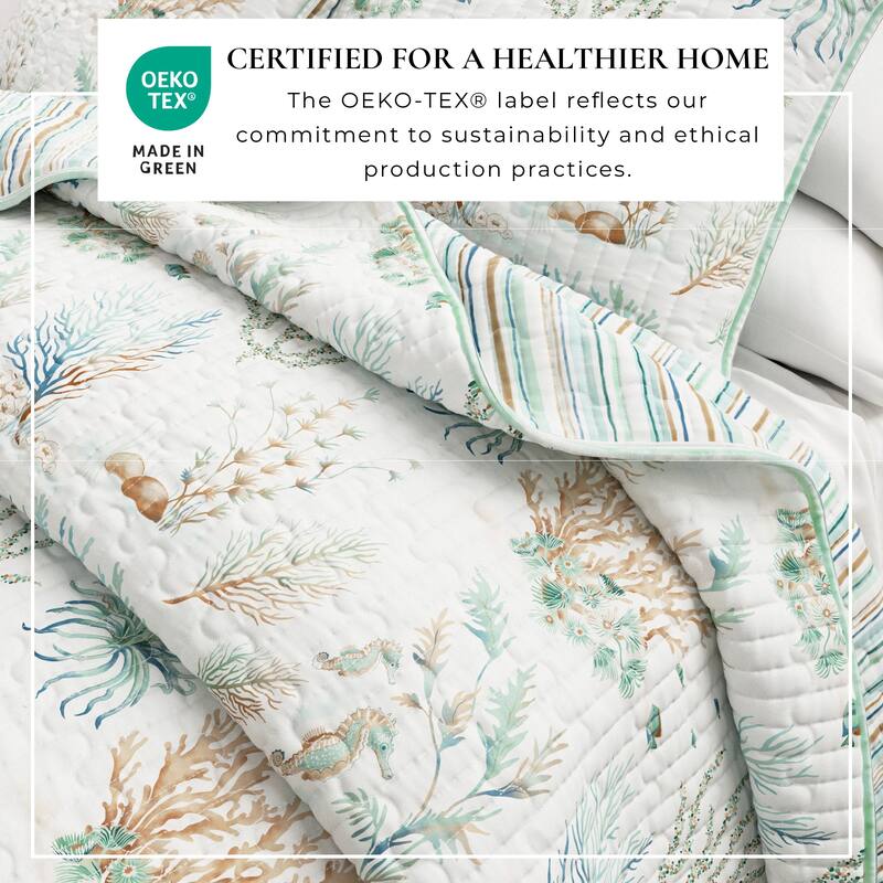 Linery & Co. Cotton Stitched Reversible Coastal 3 Piece Quilt and Sham Set
