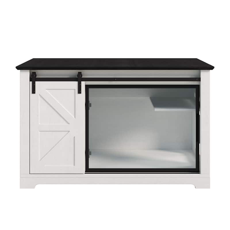 46" Farmhouse Cat Litter Box Enclosure with Sliding Barn Door, Large Hidden Acrylic Door Cat Cabienet with LED Light