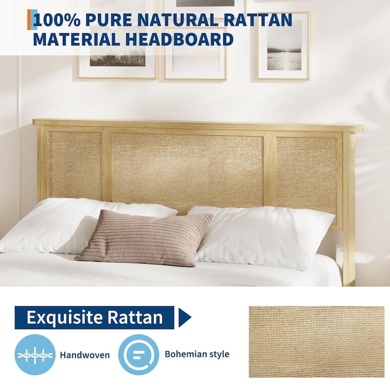 Bed Frame with Natural Rattan Headboard, Strong Wooden Slats