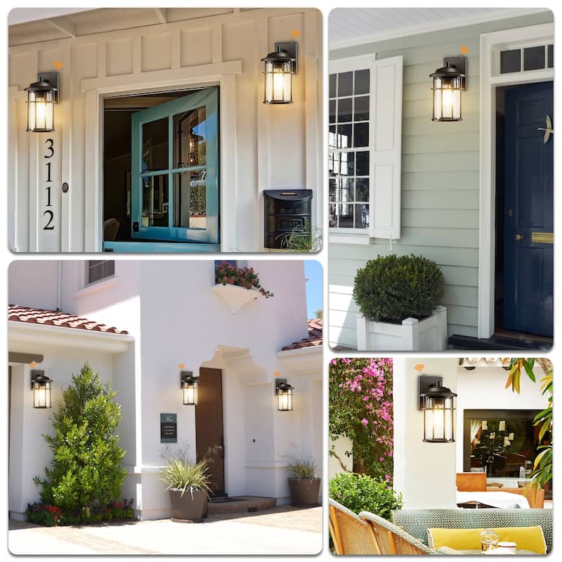 2 Pack 1-Light Black Outdoor Dusk to Dawn Light Cylinder Seeded Glass Shade