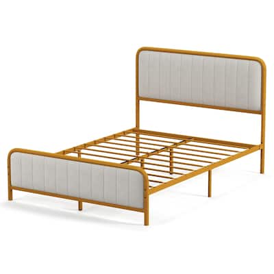 Costway Full Gold Metal Bed Frame Upholstered Platform Bed with Velvet