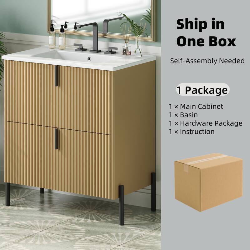 Bathroom Vanity with Ceramic Sink, Freestanding Bathroom Storage Cabinet, Fluted Bathroom Vanity with 2 Full-Extension Drawers