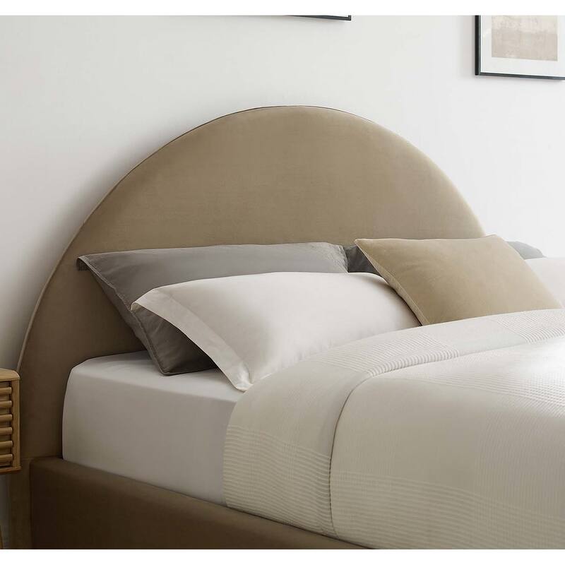 Palmetto Modern Round Headboard Taupe Velvet Upholstered King Size Platform Bed
