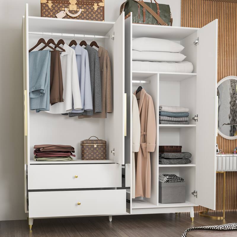Wooden 2 Drawers 4 Doors Wardrobe Armoire With Mirror (Gray/Black)