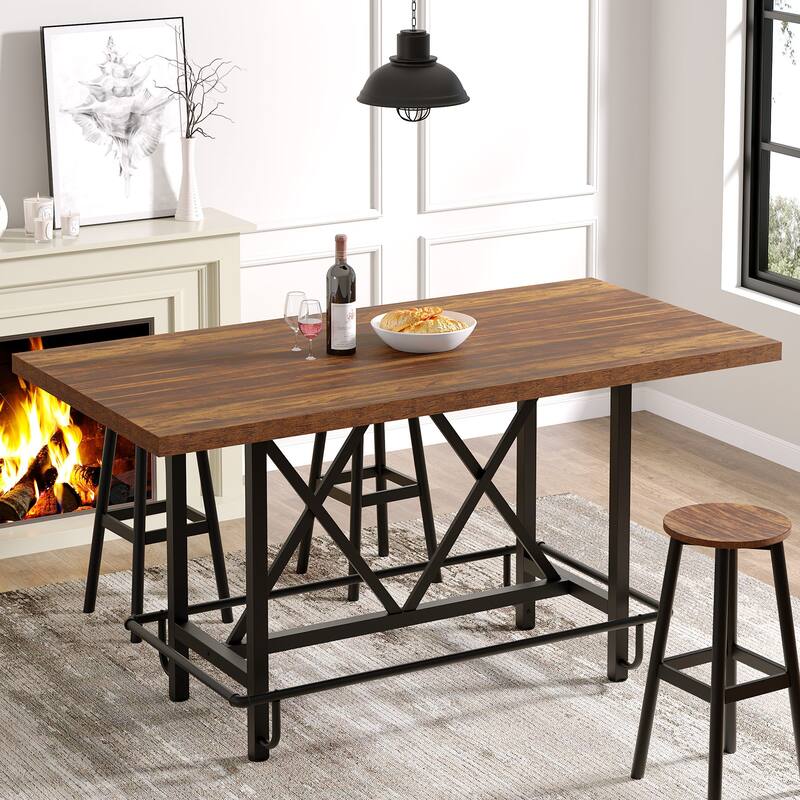 63" Long Wood Dining Table for 4-6 People, Farmhouse Dinner Table with Thick Tabletop, Kitchen Table with Footrest - Brown and Black