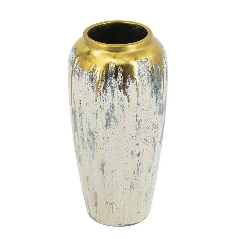 14" Gray Ivory And Gold Modern Abstract Ceramic Table Vase - 6.70