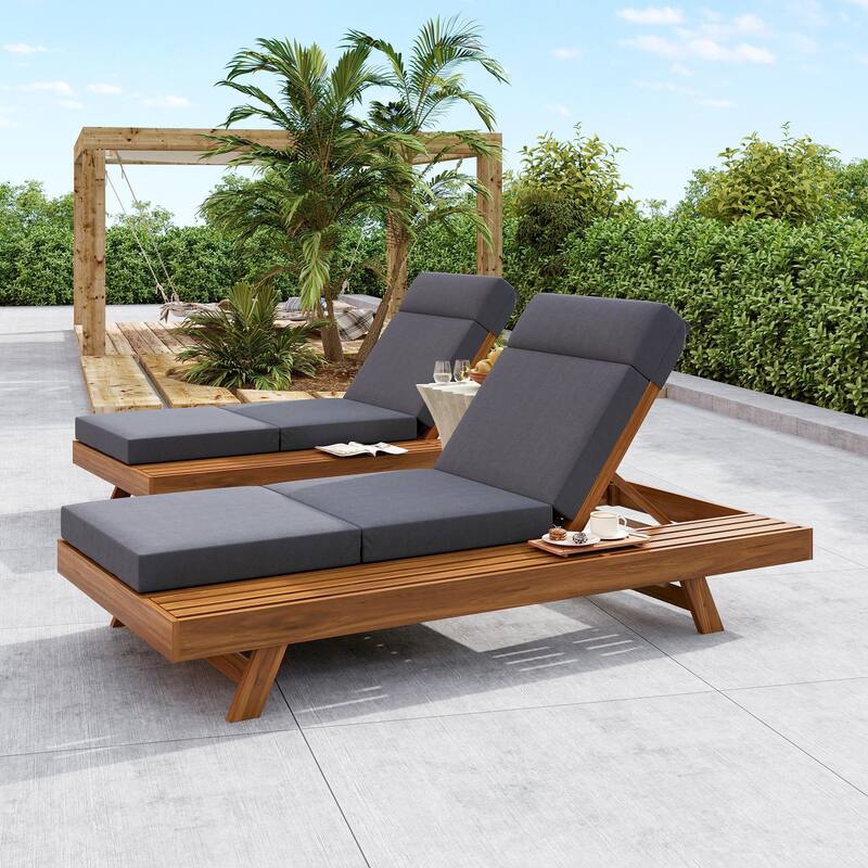 One-sided Open Storage Lounge Chairs Outdoor Patio Acacia Wood Chaise Lounge with Adjustable Backrest & Water-repellent Cushions