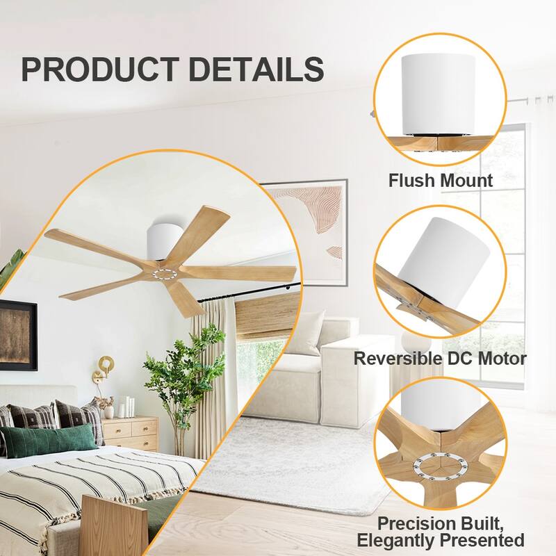 MLiAN 52 In. 5 Solid Wood Blades Indoor Ceiling Fan with Remote - 52 inch