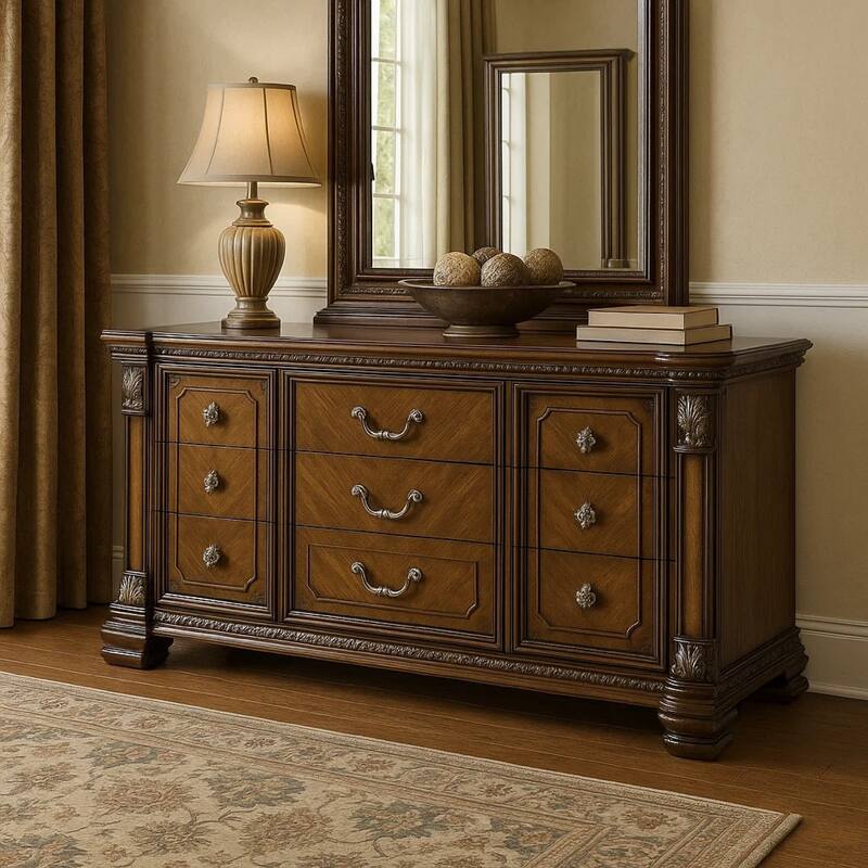 Naddy Wide Dresser, Ornate Carving, Brown Pine Wood