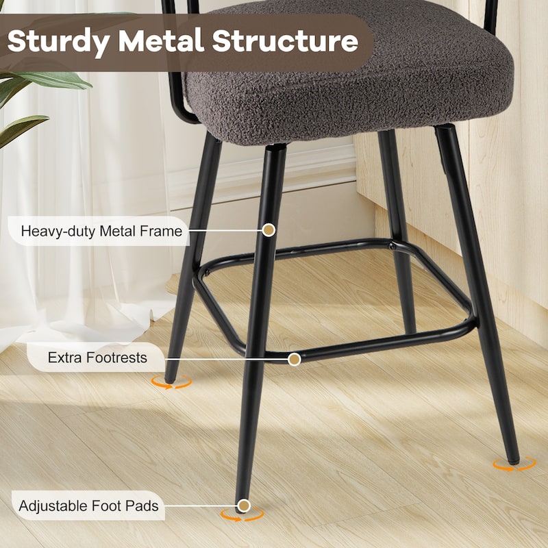 Set of 2 Counter Height Plush Boucle Fabric Bar Stools with Swivel Seat for Kitchen or Cafe - 25" x 21" x 39.5"