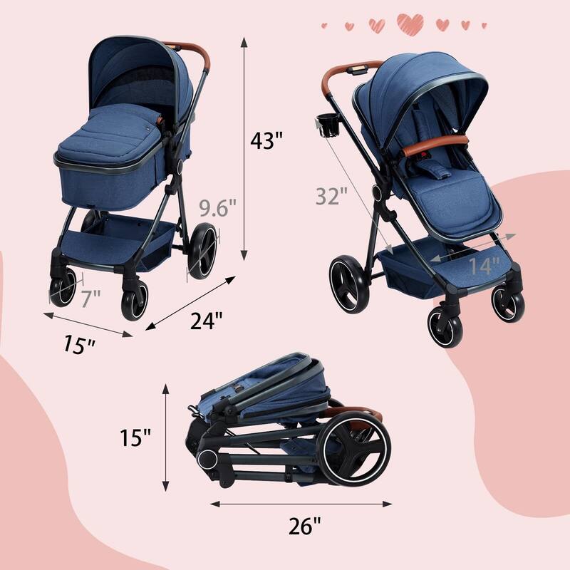Convertible Baby Stroller, 3 in 1 Reversible Bassinet Stroller for Newborn