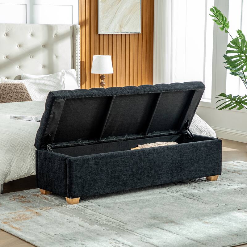 60.2" Chenille Upholstered Storage Bench, Tufted Flip-Top Ottoman with Legs, Accent End-of-Bed Bench Window Seat