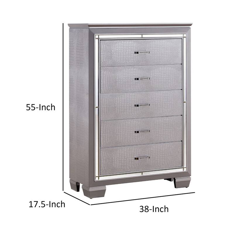 Contemporary Style Five Drawer Wooden Chest, Silver