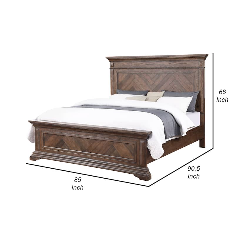 Marv King Size Bed, Parquet Pattern, Traditional Style, Brushed Brown Wood