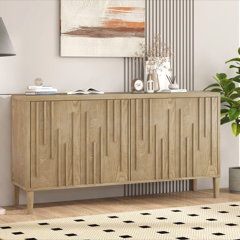 Farmhouse 59.8" Four Door Sideboard with Solid Ash Veneer Storage Buffet TV Stand