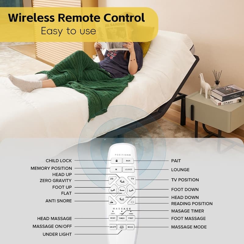 Modern Zero Gravity Base Adjustable Bed with Wireless Remote Control and USB Ports
