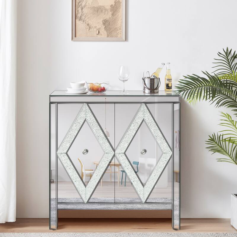 GDFStudio - DiamondLuxe Glam Mirrored Storage Cabinet with Crystal Handles - Silver