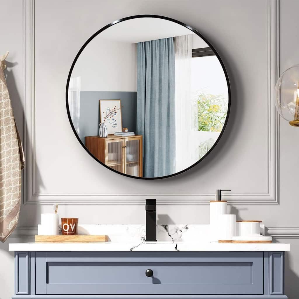 GDFStudio - Lucent Modern Round Bathroom Vanity Decorative Mirror with Statement Scale Design & Metal Frame