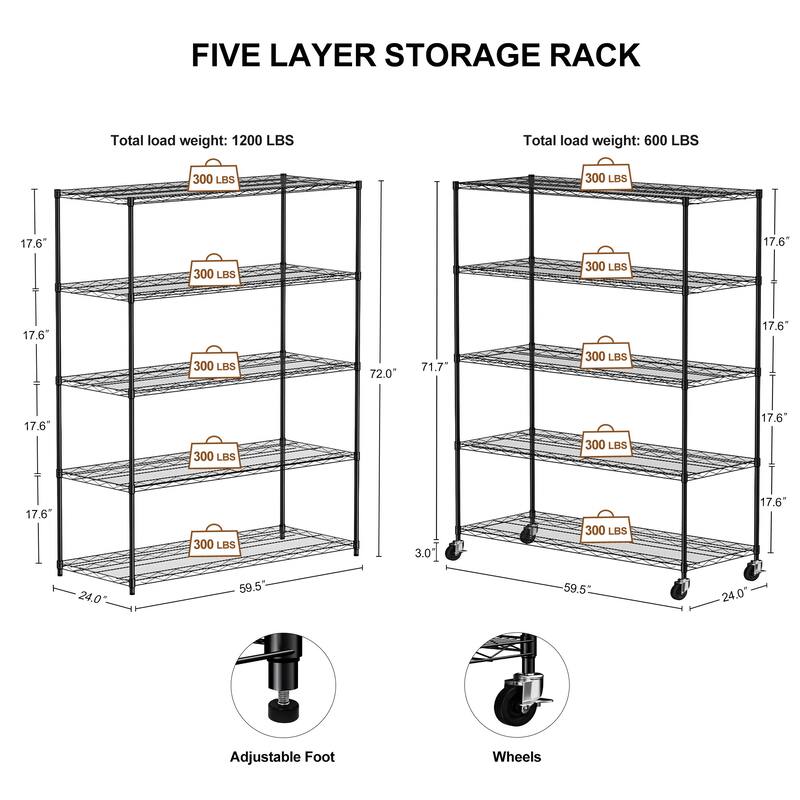 5 tiers of heavy-duty adjustable shelving and racking with a 300 lb