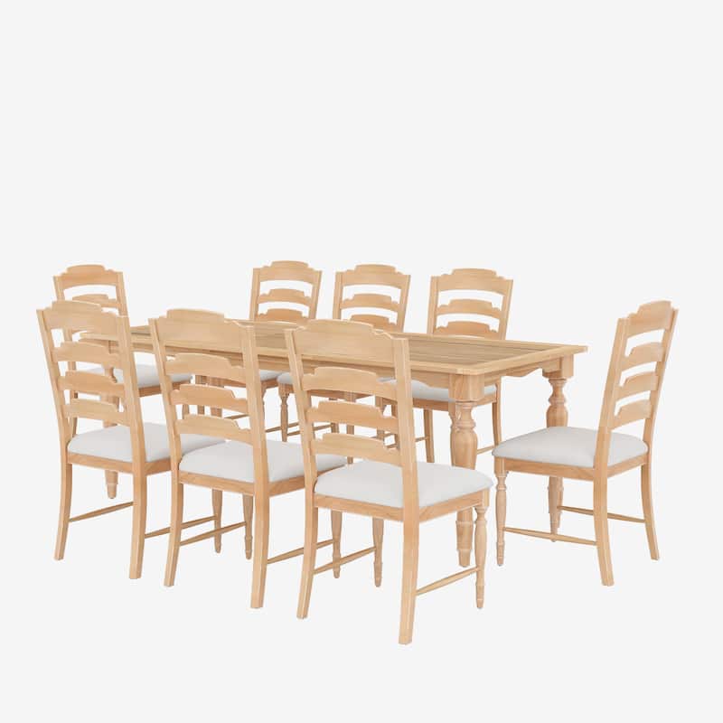 9-Piece Dining Table and Chair, Extendable Dining Table Set with Removable Leaf and 8 Upholstered Dining Chairs