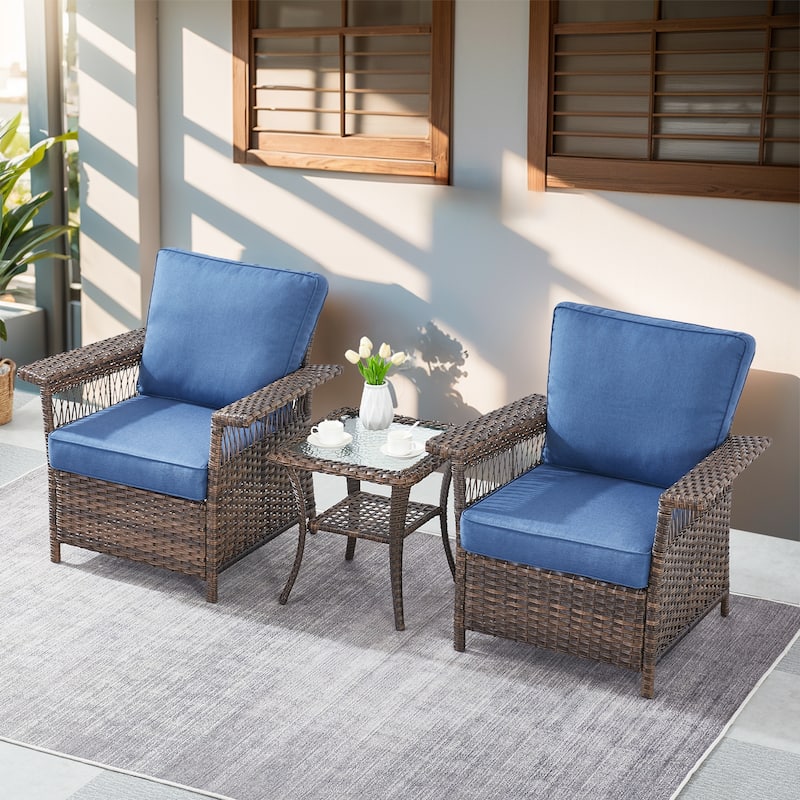 Gymojoy 3PCS Patio Rattan Wicker Chair with Coffee Table - Brown - Brown - Blue