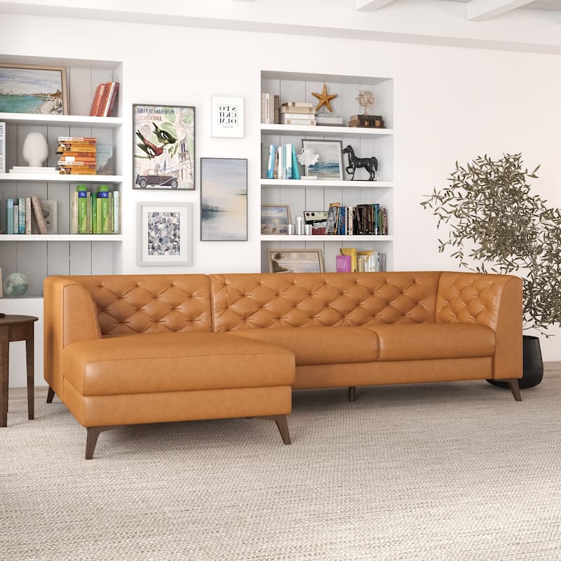 Florentina Modern Chesterfield Tufted Living Room Top Leather Corner Sectional Sofa in Cognac Tan
