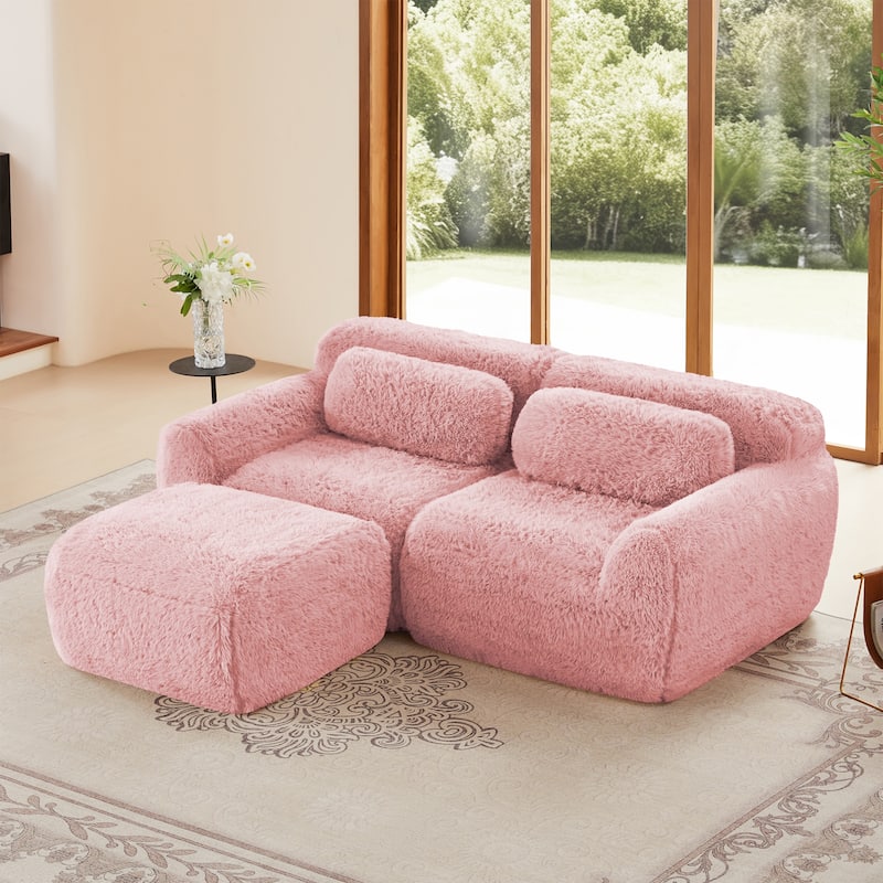 L-shaped Boneless Sofa,Soft Fluffy Plush Fabric - Pink
